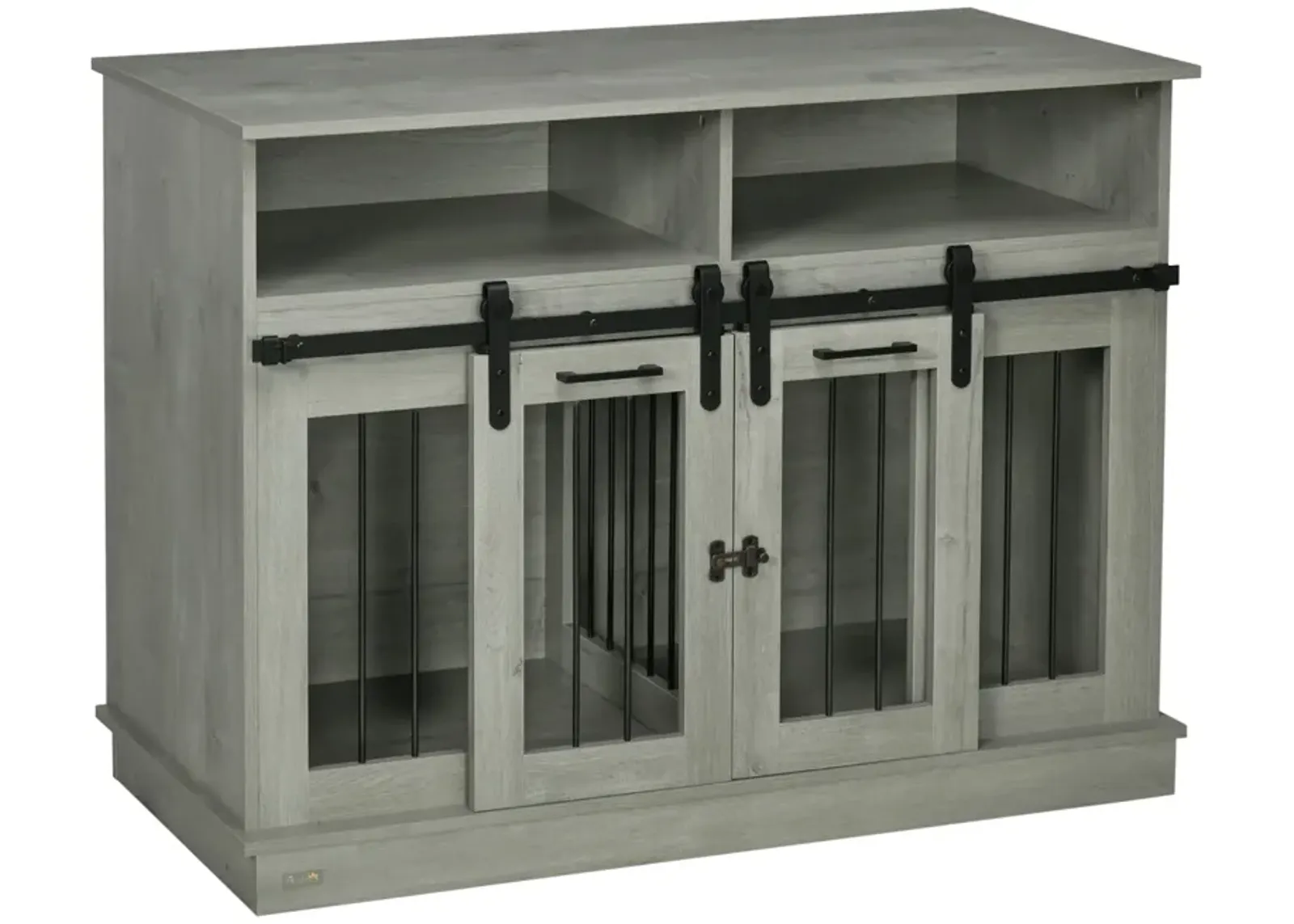 Gray Pet Furniture: Large Dog Crate with Shelves & Sliding Doors