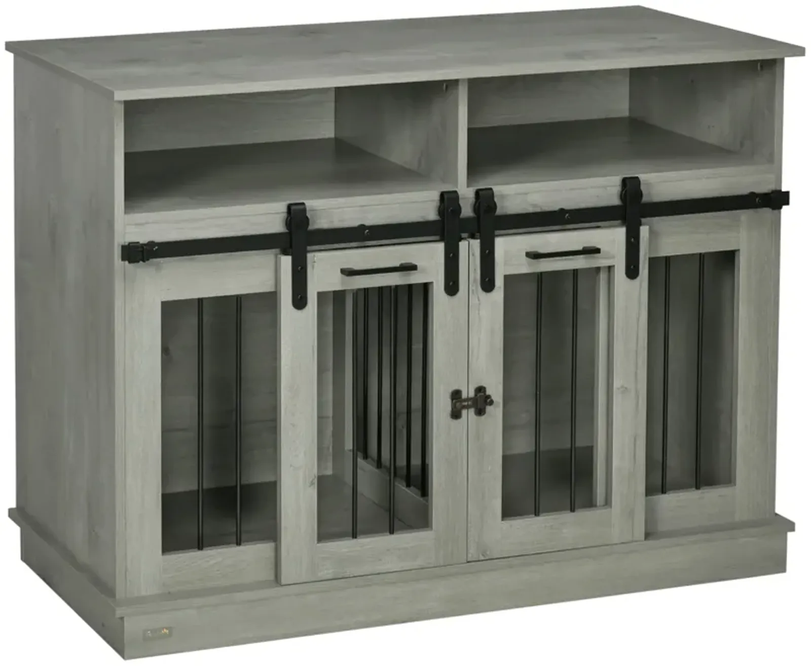 Gray Pet Furniture: Large Dog Crate with Shelves & Sliding Doors