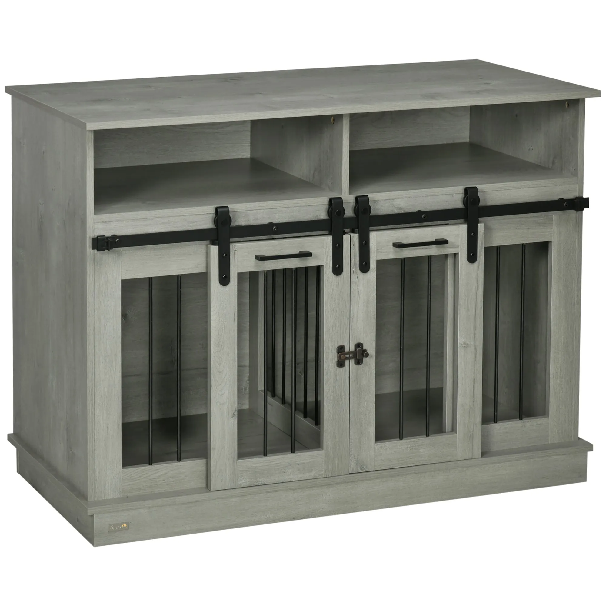 Gray Pet Furniture: Large Dog Crate with Shelves & Sliding Doors