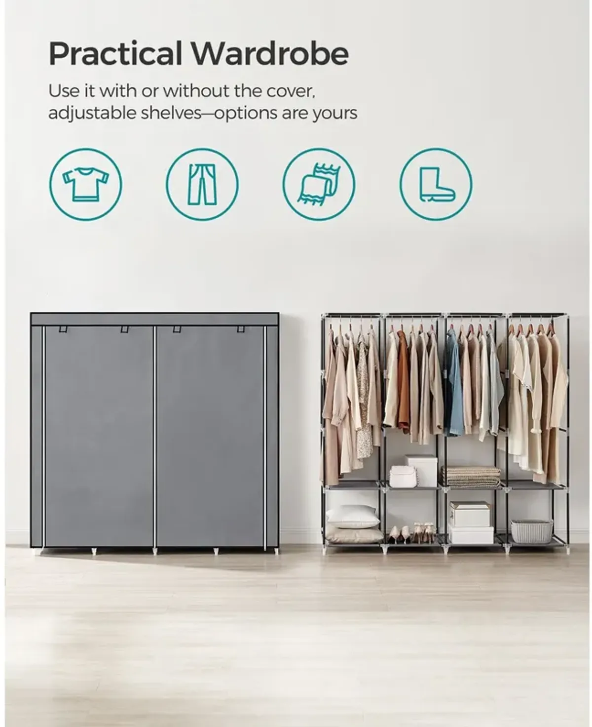 Portable Closet with Cover 4 Hanging Rods and Shelves