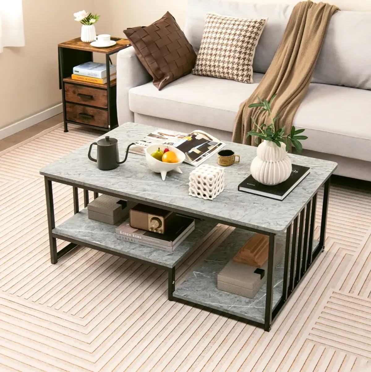 Faux Marble Coffee Table with Open Storage Shelf-Gray