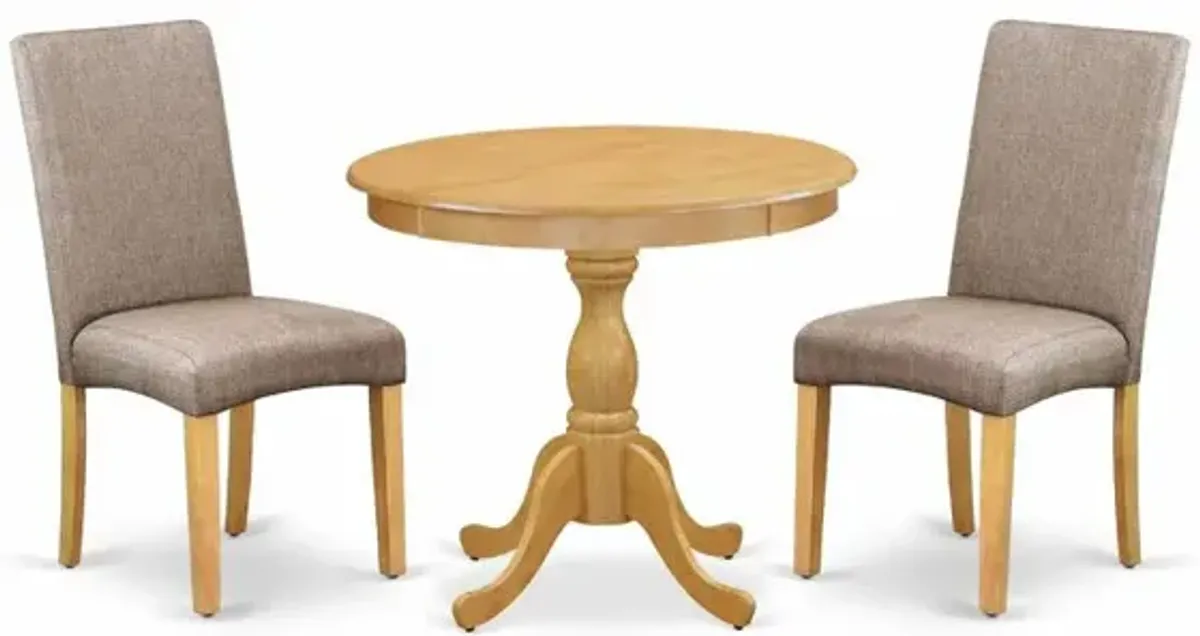 AMDR3-OAK-16 3 Piece Dining Table Set - 1 Pedestal Dining Table and 2 Dark Khaki Parson Chairs - Oak Finish