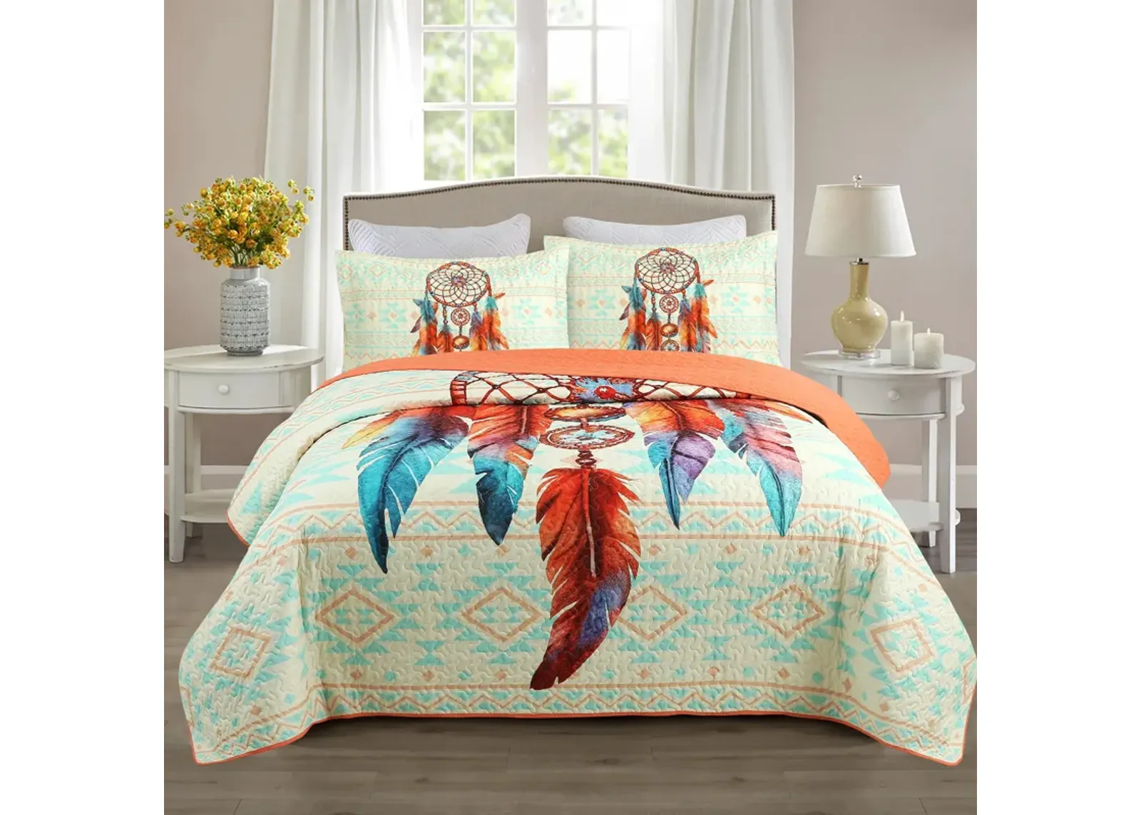 Marcielo 3 Piece Dream Catcher Boho Quilt Bedspread Set