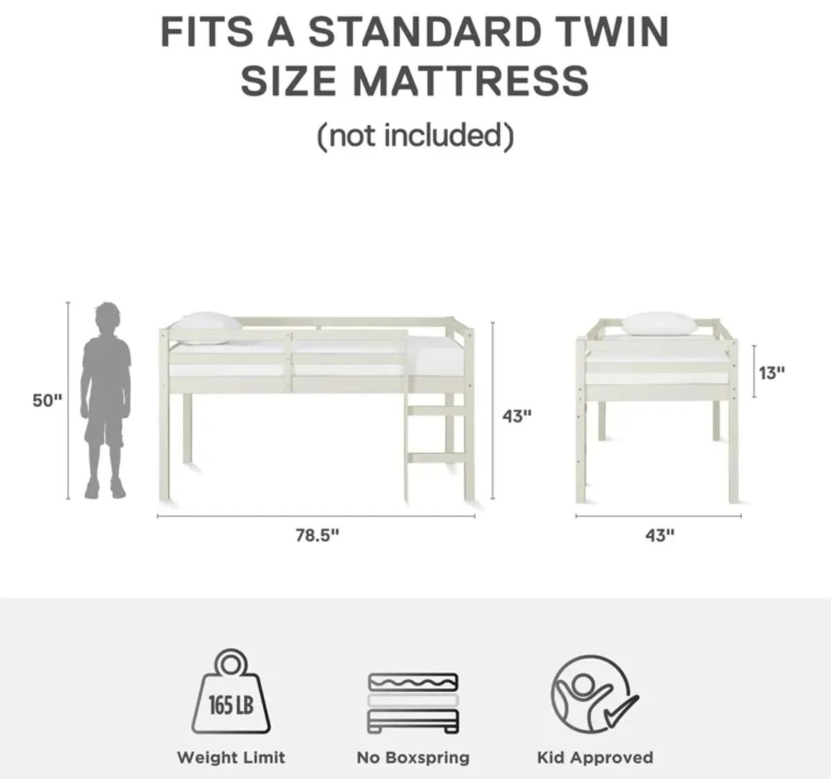 DHP Milton Junior Twin Size Wooden Loft Bed for Kids