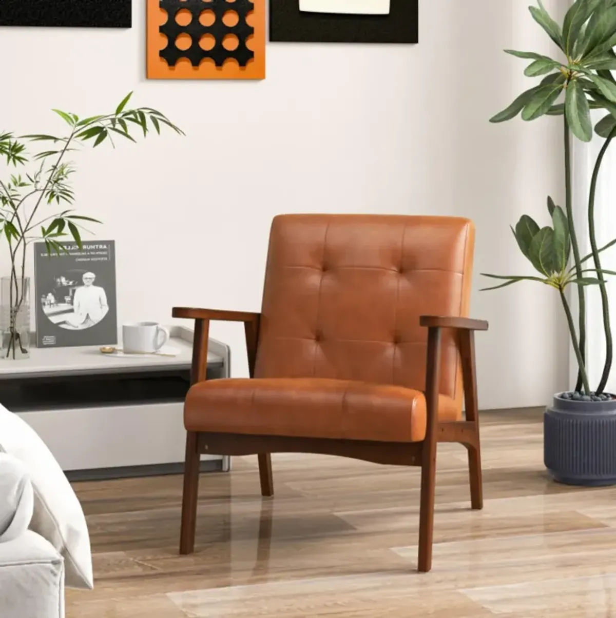 Hivvago Mid Century Modern Accent Chair with Solid Rubber Wood Frame and Leather Cover