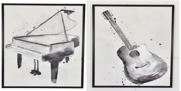 30 x 40 Framed Wall Art Painting Set of 2, Guitar and Piano, Black, White - Benzara