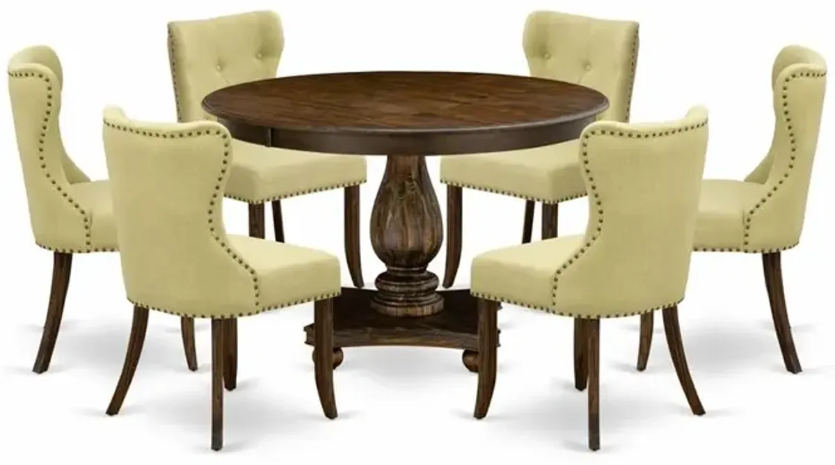 East West Furniture 7-Piece Pedestal Dinette Set - Round Dining Room Table and 6 Limelight Color Parson Wood Dining Chairs with Button Tufted Back - Distressed Jacobean Finish