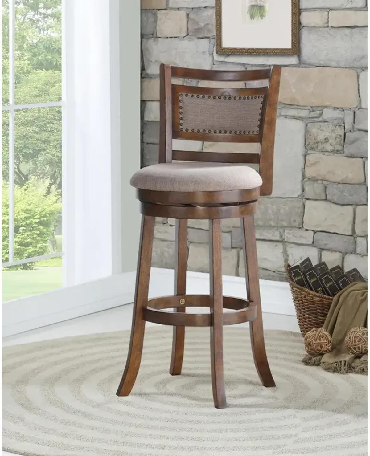 New Classic Furniture Aberdeen Wood Swivel Bar Stool with Fabric Seat in Dark Brown