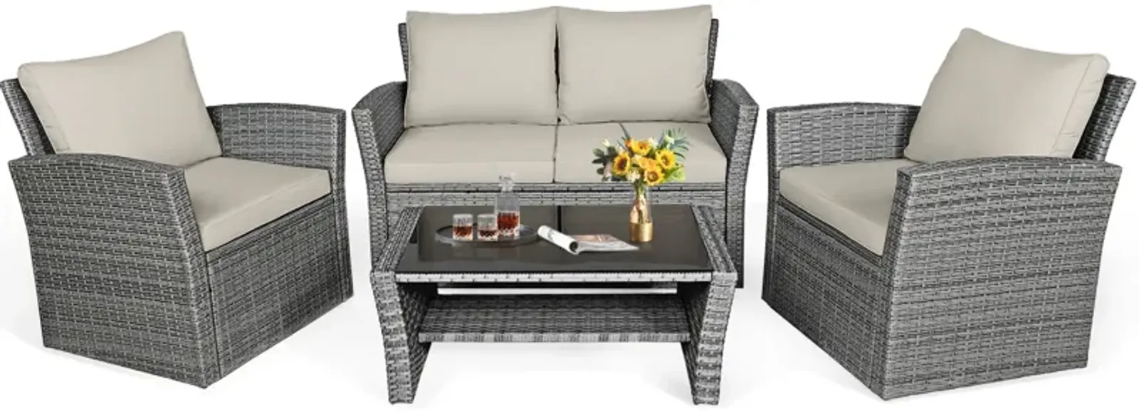 4 Pieces Patio Rattan Furniture Set Sofa Table with Storage Shelf Cushion