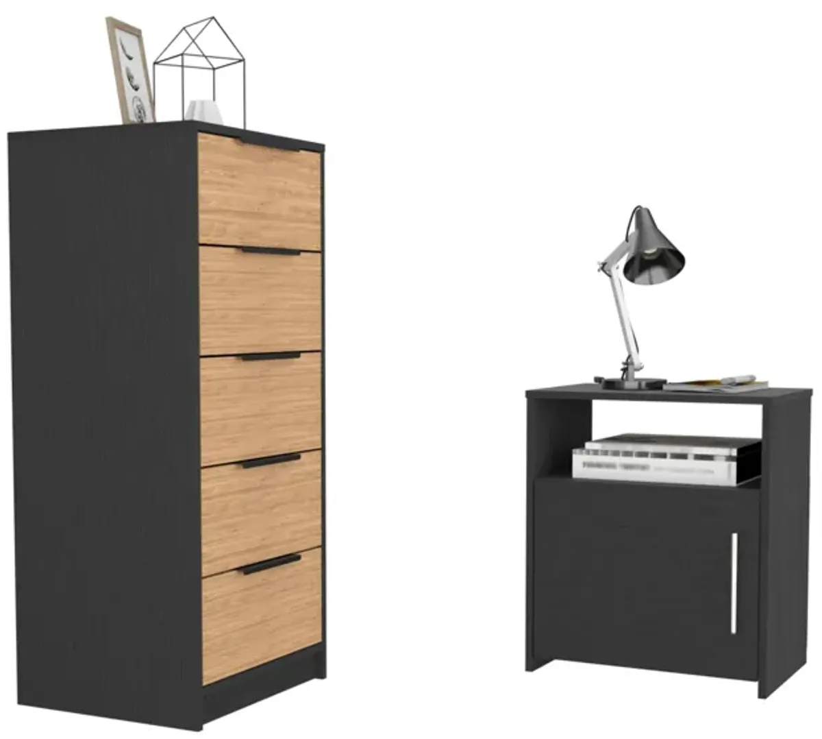 DEPOT E-SHOP Patten 2 Piece Bedroom Set, Egeo 5 Drawer Dresser  + Omaha Nightstand, Black / Light Oak