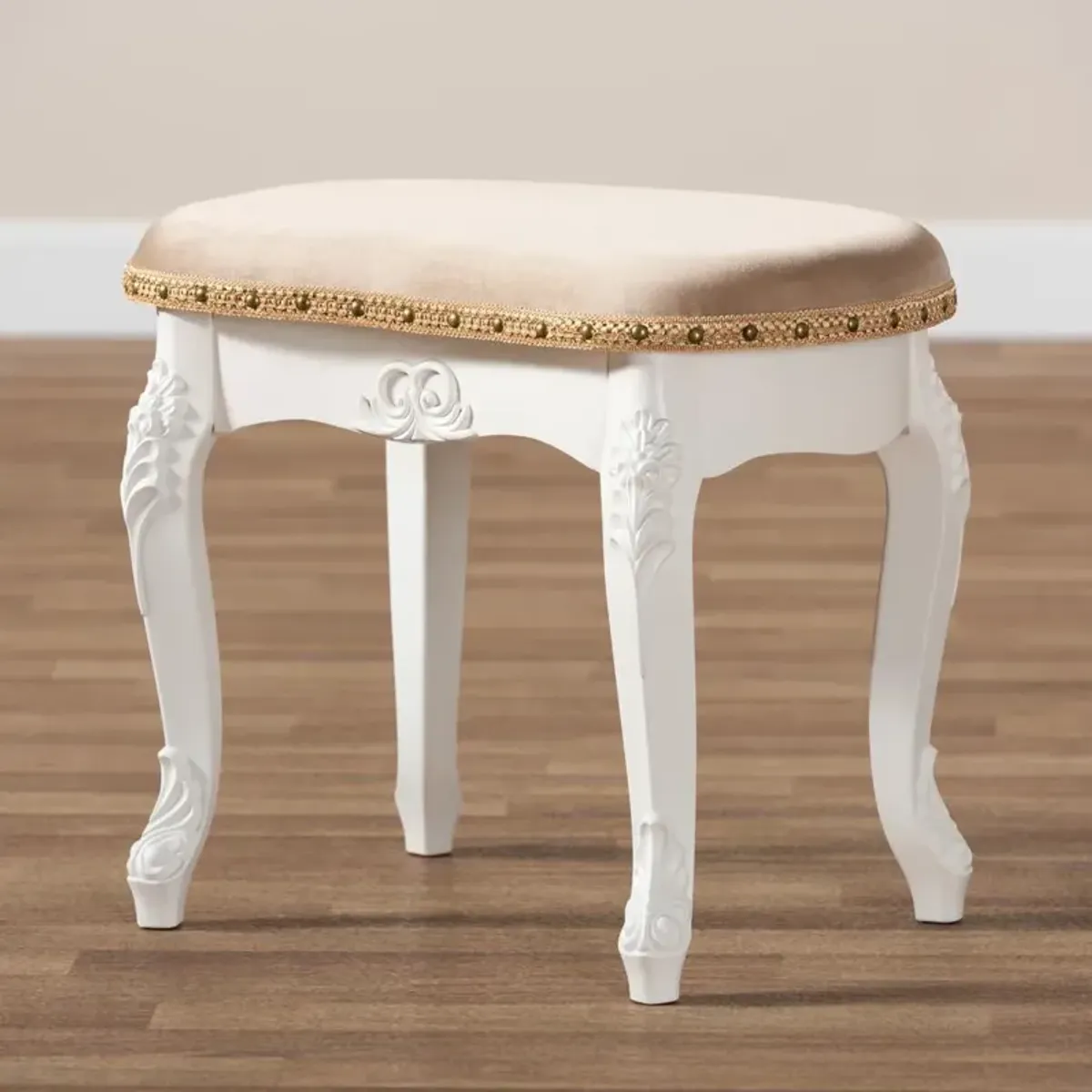 Velvet Fabric Upholstered White-Finished Wood Vanity Ottoman