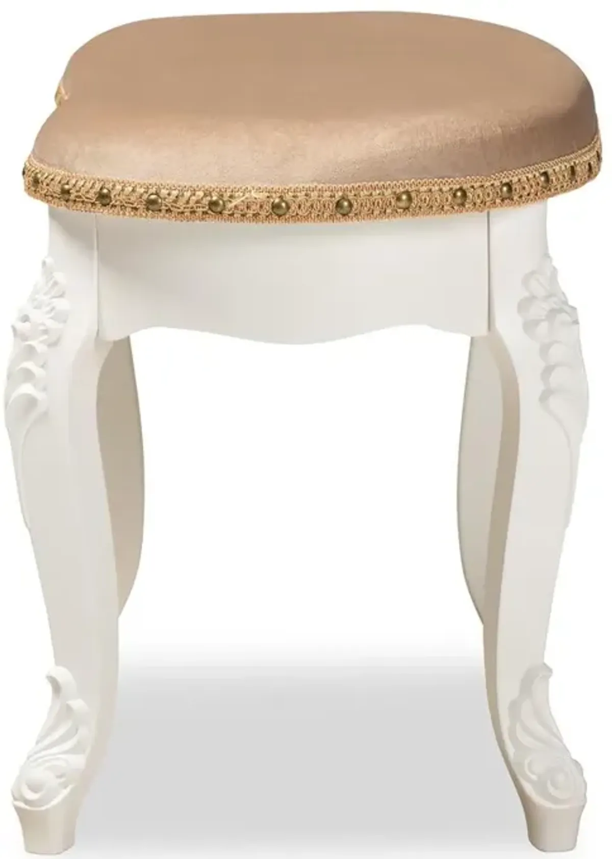 Velvet Fabric Upholstered White-Finished Wood Vanity Ottoman