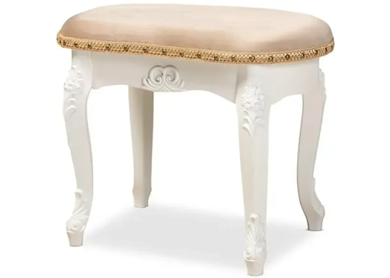 Velvet Fabric Upholstered White-Finished Wood Vanity Ottoman