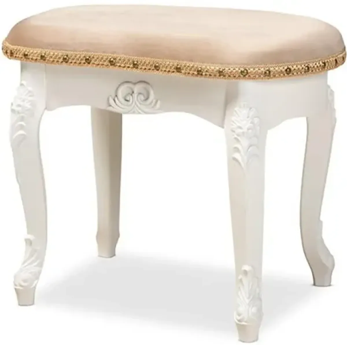 Velvet Fabric Upholstered White-Finished Wood Vanity Ottoman