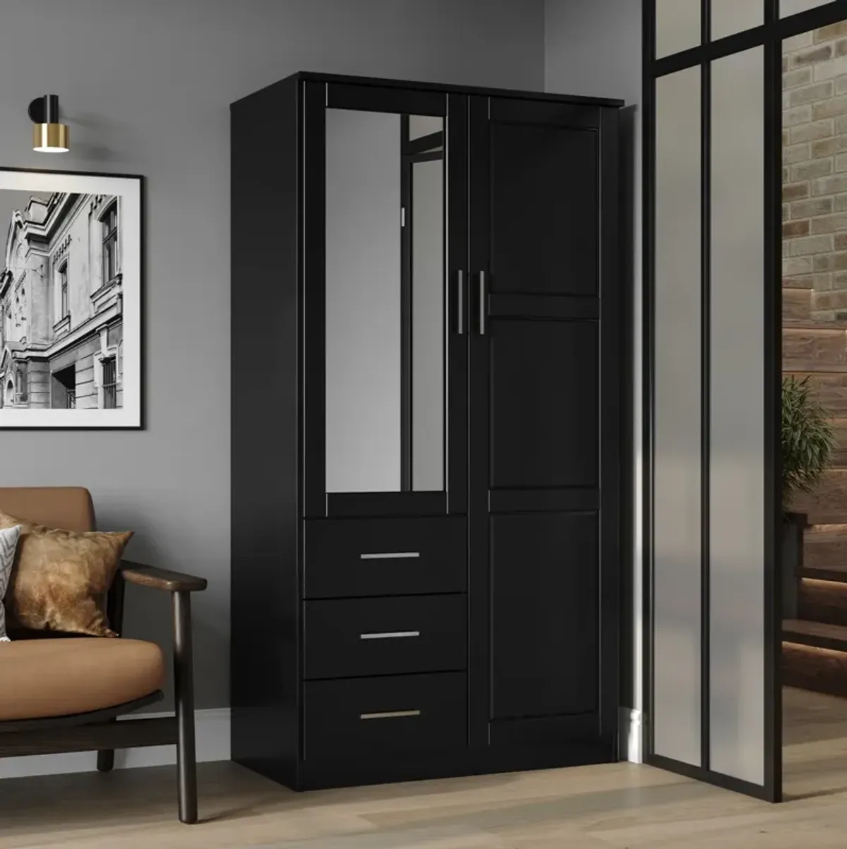 100% Solid Wood Metro 2-Door Wardrobe with Mirrored Door