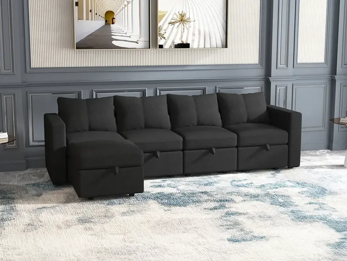 Modular 4-Seat Sectional Sofa with Wooden Frame and Chaise, Convertible Sofa with Pull-Out Bed, Available in Black, White, and Gray,109" L x 54.5" W x 34" H