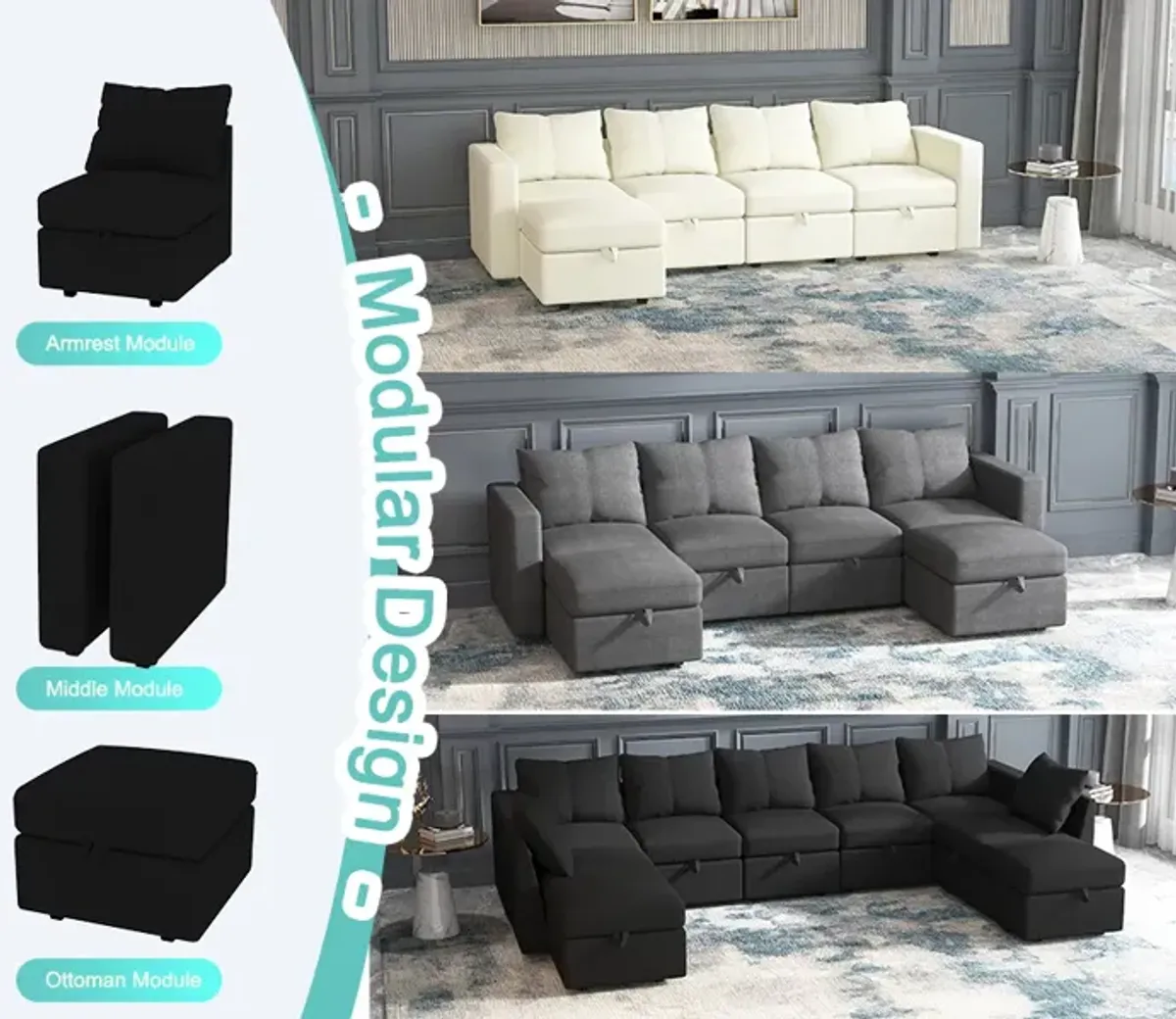 Modular 4-Seat Sectional Sofa with Wooden Frame and Chaise, Convertible Sofa with Pull-Out Bed, Available in Black, White, and Gray,109" L x 54.5" W x 34" H