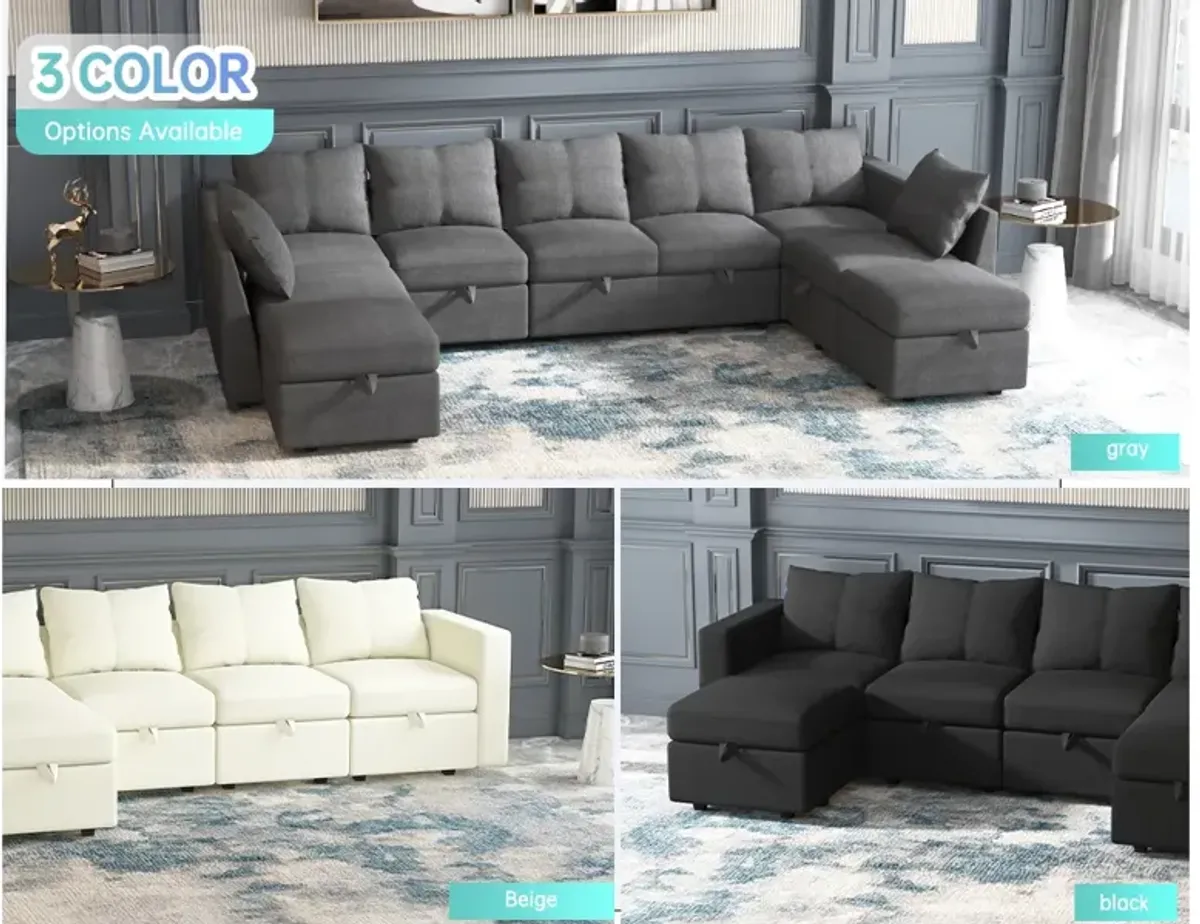 Modular 4-Seat Sectional Sofa with Wooden Frame and Chaise, Convertible Sofa with Pull-Out Bed, Available in Black, White, and Gray,109" L x 54.5" W x 34" H