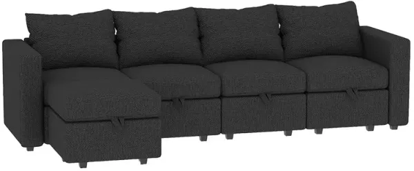 Modular 4-Seat Sectional Sofa with Wooden Frame and Chaise, Convertible Sofa with Pull-Out Bed, Available in Black, White, and Gray,109" L x 54.5" W x 34" H