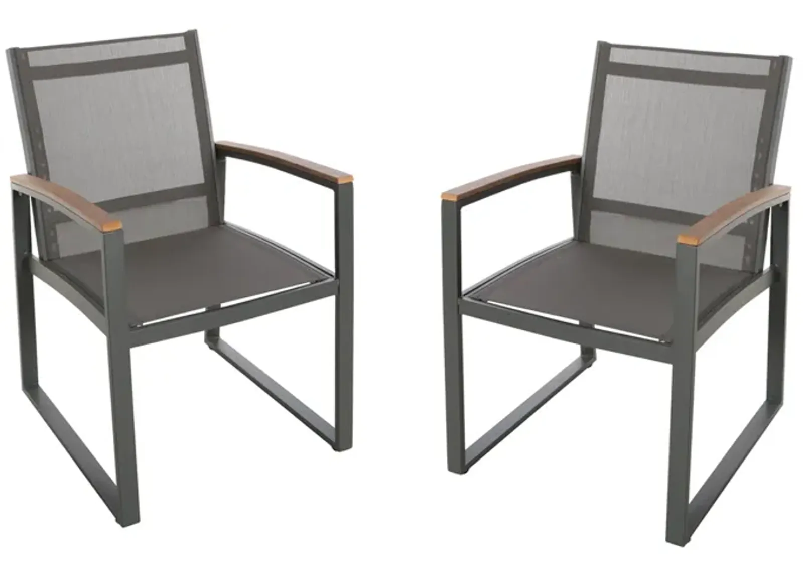 Outdoor Dining Chair Set of 2, Gray Mesh Seat and Brown Faux Wood, Metal