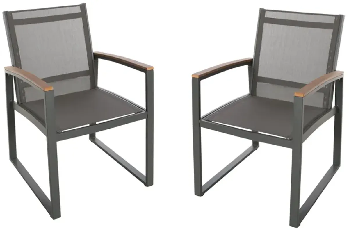 Outdoor Dining Chair Set of 2, Gray Mesh Seat and Brown Faux Wood, Metal