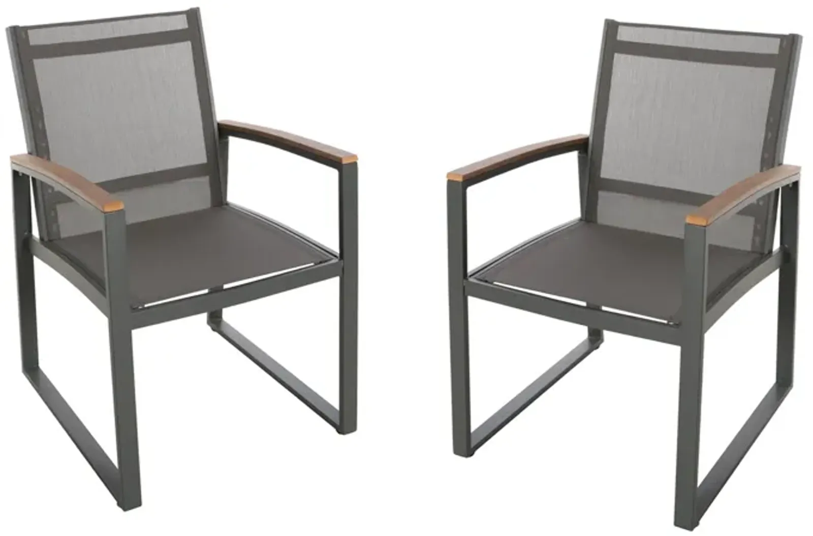 Outdoor Dining Chair Set of 2, Gray Mesh Seat and Brown Faux Wood, Metal