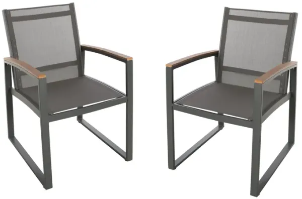 Outdoor Dining Chair Set of 2, Gray Mesh Seat and Brown Faux Wood, Metal - Benzara