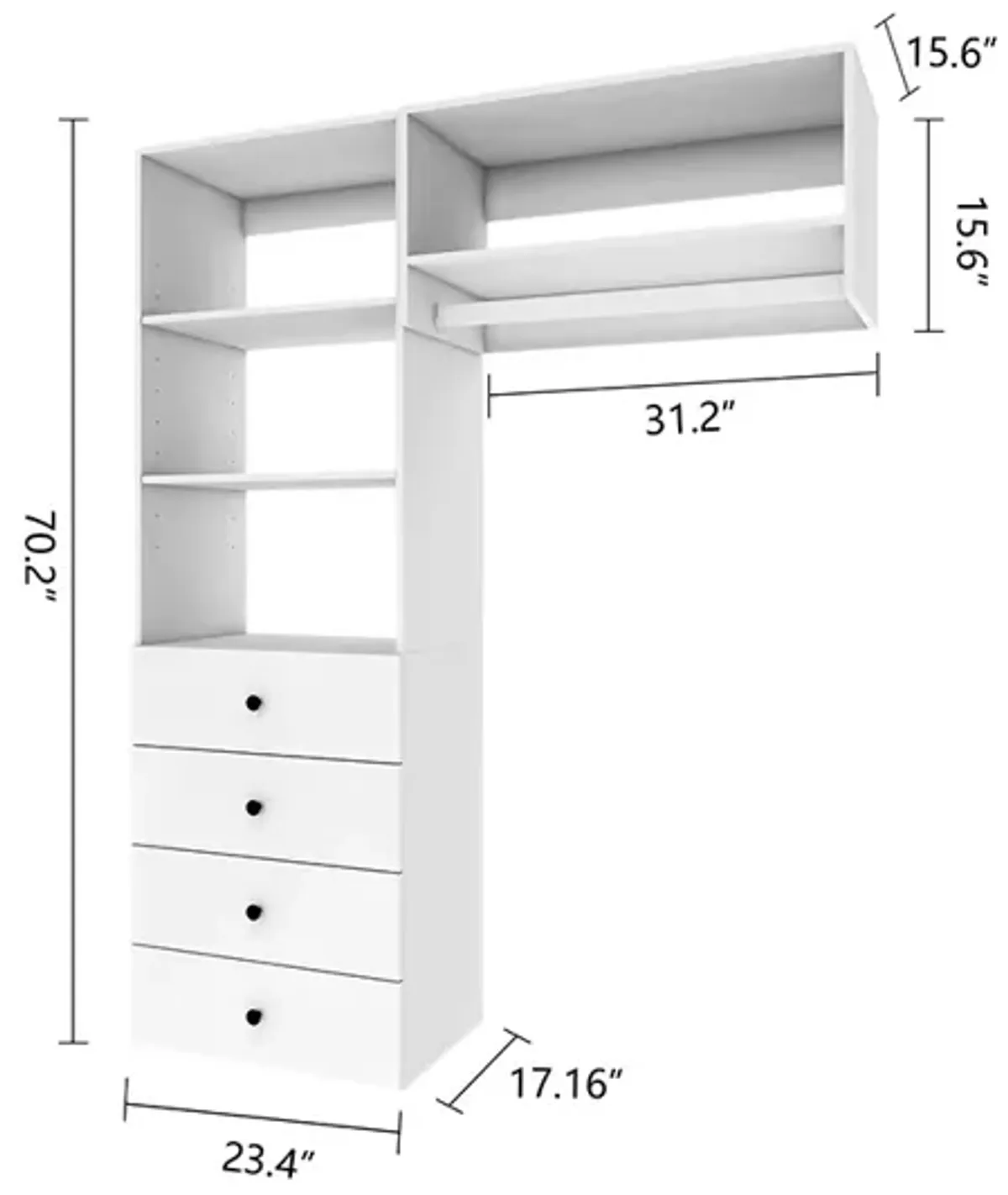 Wood Closet System with 4 Drawers Modular  Storage Cabinet, Hanging Rod and 4 Shelves Clothes Garment Rack Wall Mount or Built-in Organizer for Bedroom 