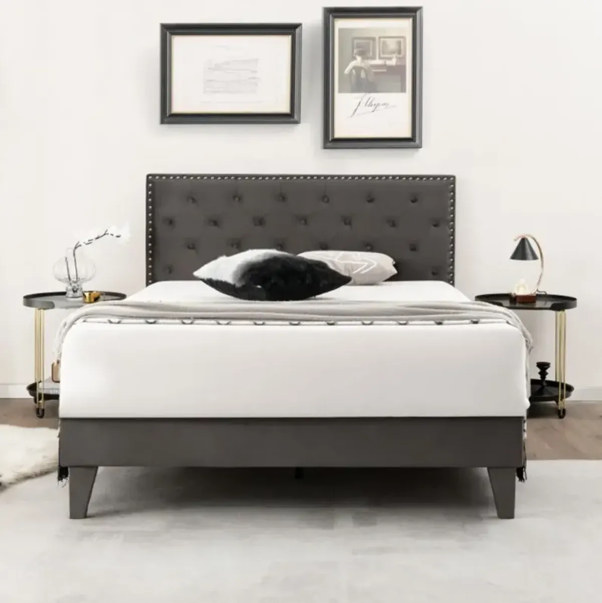 Hivvago Upholstered Bed Frame with Velvet Headboard