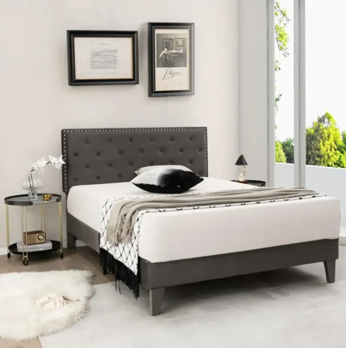 Hivvago Upholstered Bed Frame with Velvet Headboard