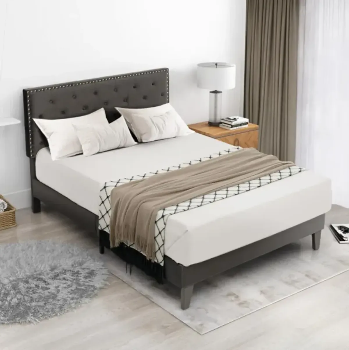 Hivvago Upholstered Bed Frame with Velvet Headboard