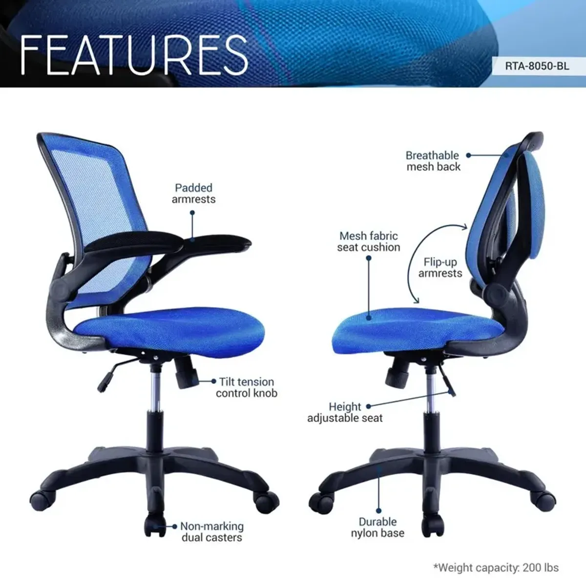 Techni Mobili Mesh Task Office Chair with Flip Up Arms. Color: Blue