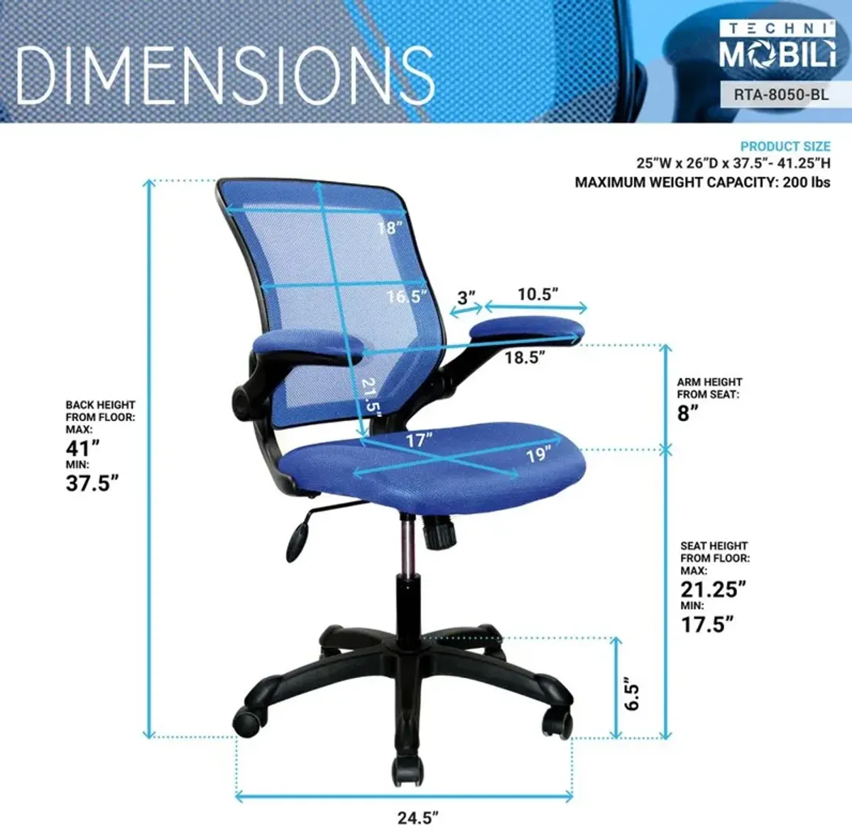 Techni Mobili Mesh Task Office Chair with Flip Up Arms. Color: Blue