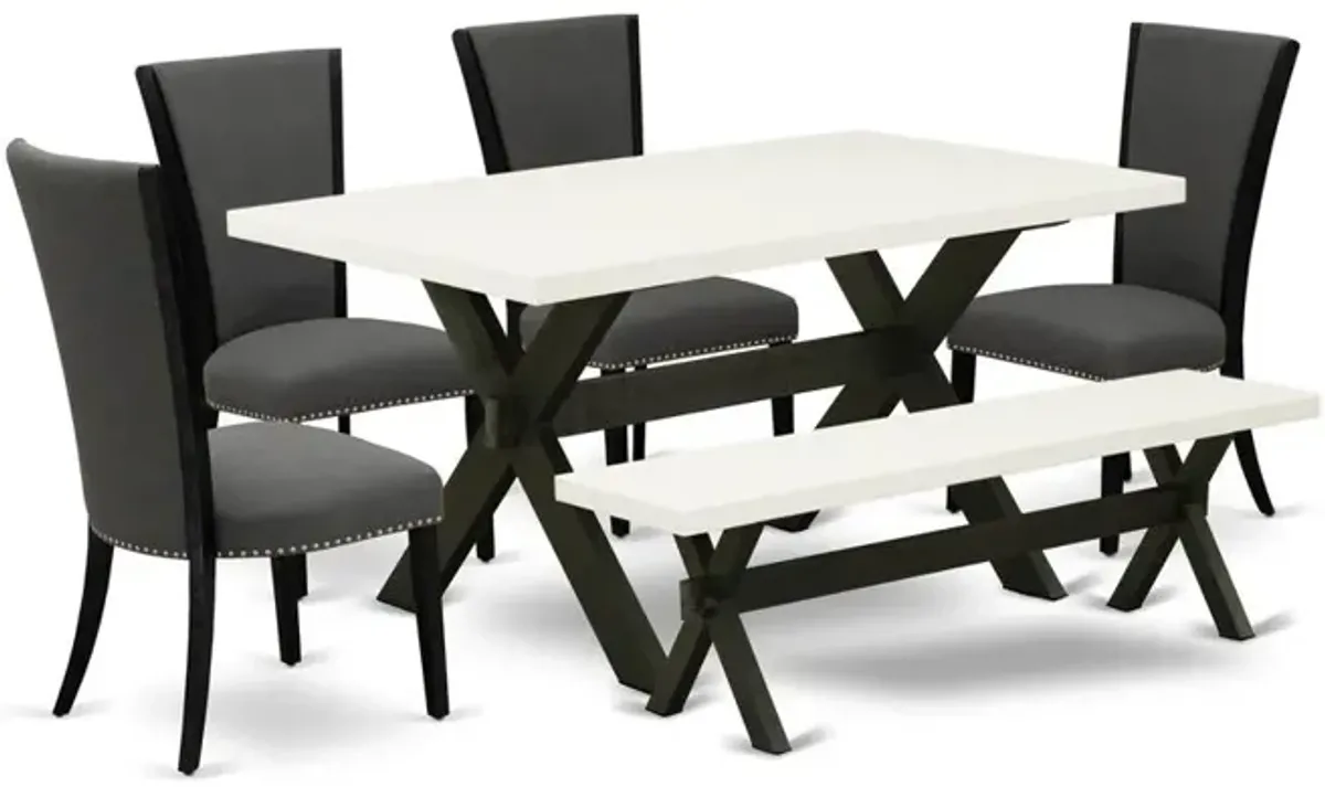 East West Furniture X626VE650-6 6 Piece Kitchen Table Set - 4 Dark Gotham Grey Linen Fabric Chairs for Dining Room with Nailheads and Linen White Wooden Dining Table - 1 Modern Bench - Black Finish