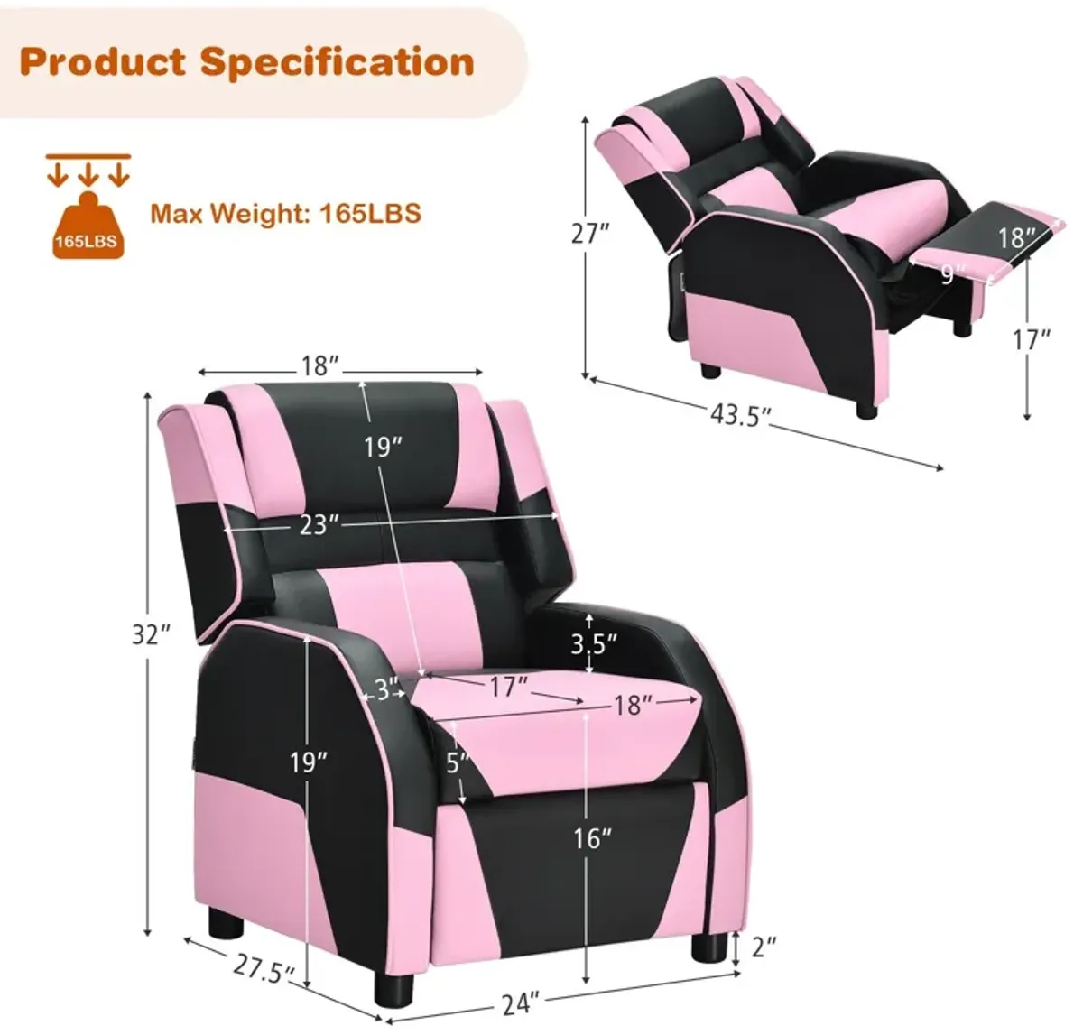 Kids Youth PU Leather Gaming Sofa Recliner with Headrest and Footrest