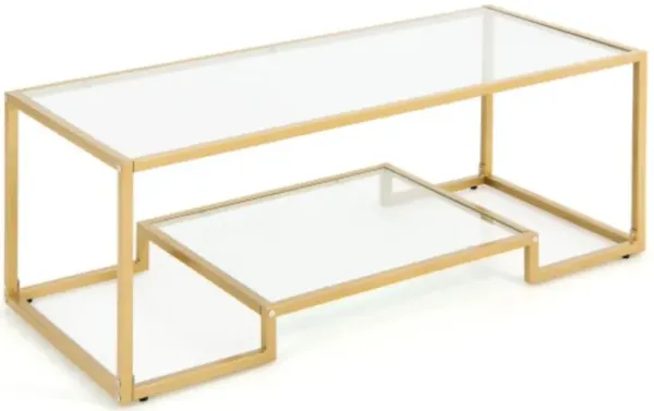 Modern 2-Tier Rectangular Coffee Table with Glass Table Top-Golden