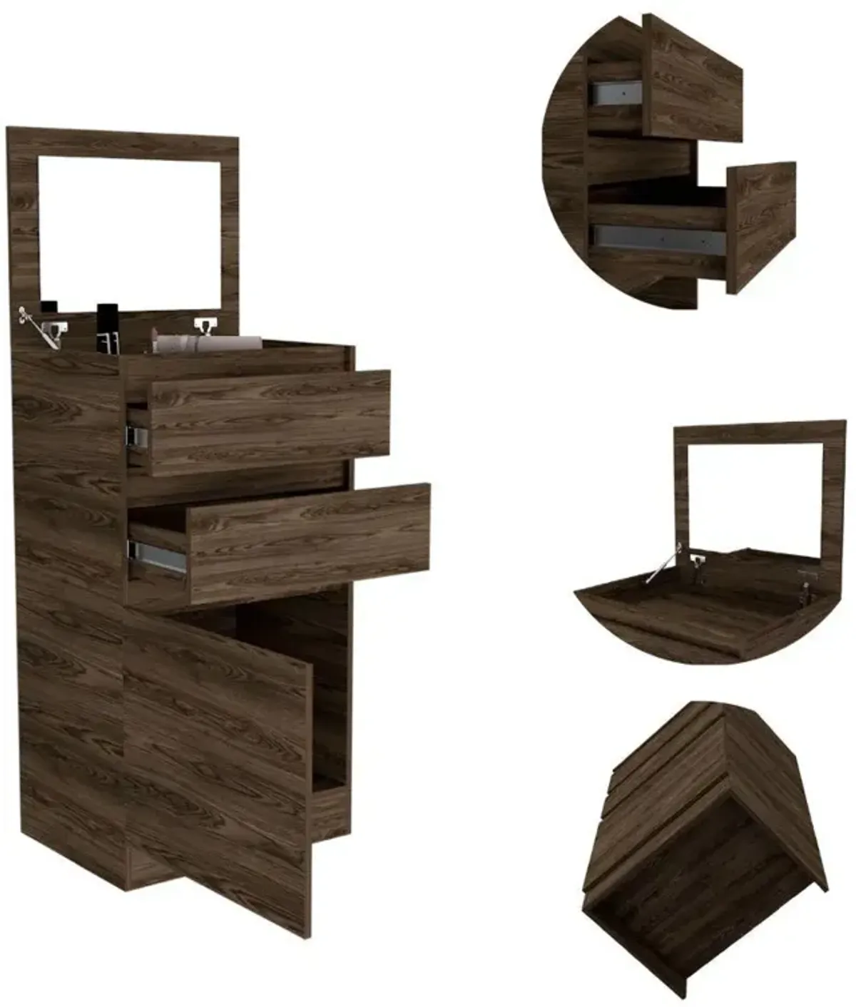 DEPOT E-SHOP Diamond Dresser, Jewelry Box, Mirror, One-Door Cabinet, Two Drawers-Dark Walnut, For Bedroom