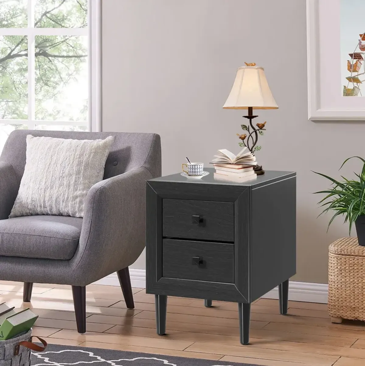 Multipurpose Retro Bedside Nightstand with 2 Drawers