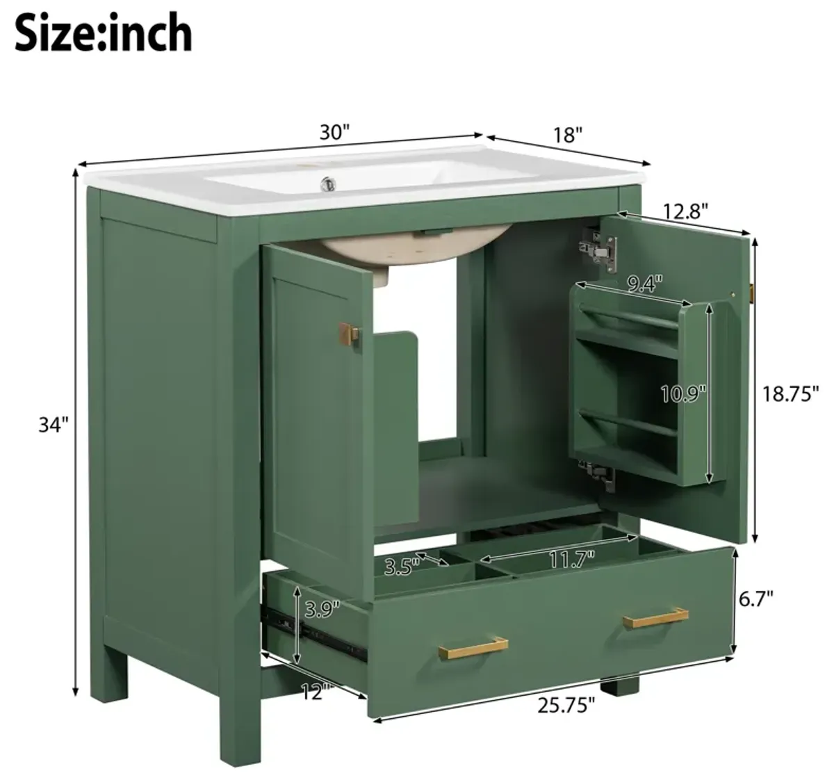 Gewnee 30 Inch Green Bathroom Vanity with Single Sink