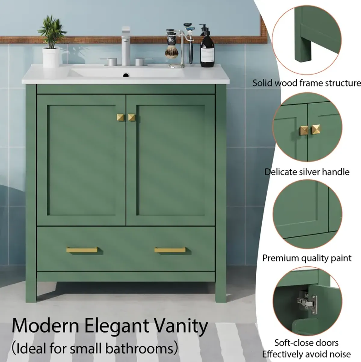 Gewnee 30 Inch Green Bathroom Vanity with Single Sink