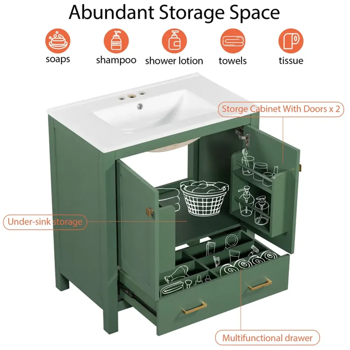 Gewnee 30 Inch Green Bathroom Vanity with Single Sink