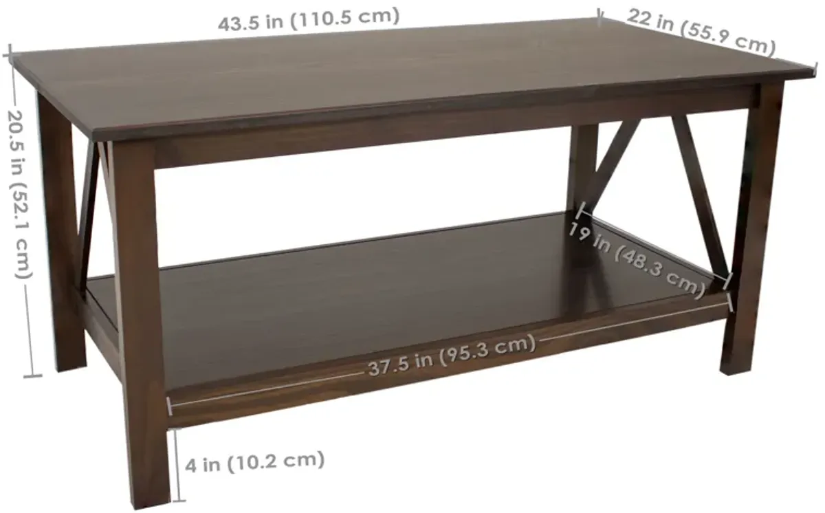 Sunnydaze Solid Pine Coffee Table with Shelf - Dark Brown - 43.5 in