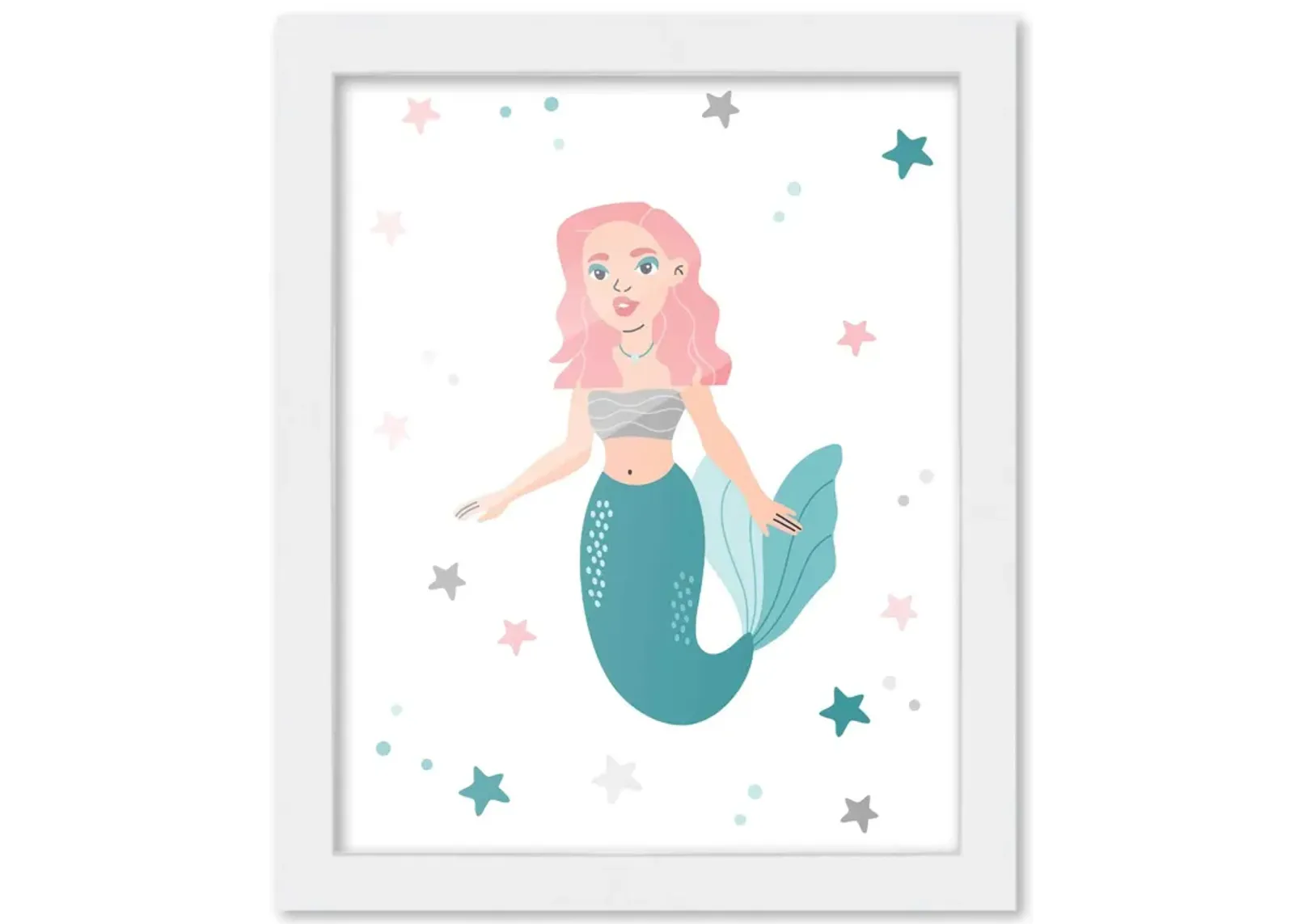 8x10 Framed Nursery Wall Art Mermaid Poster In White Wood Frame For Kid Bedroom or Playroom