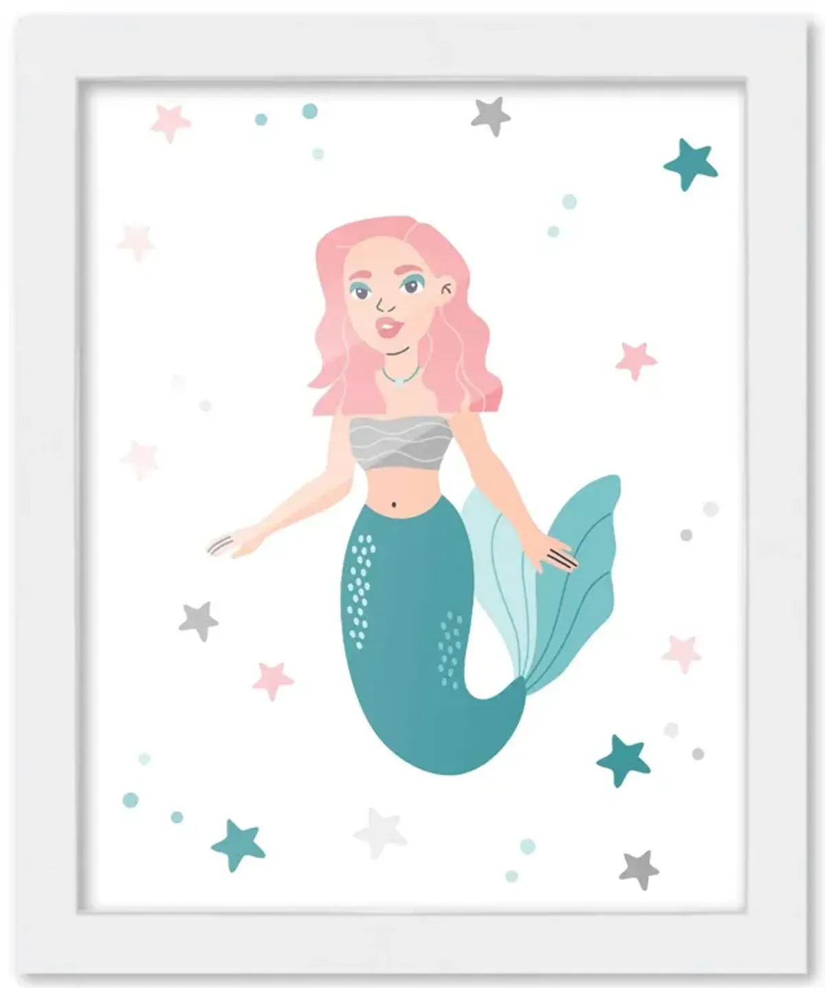 8x10 Framed Nursery Wall Art Mermaid Poster In White Wood Frame For Kid Bedroom or Playroom