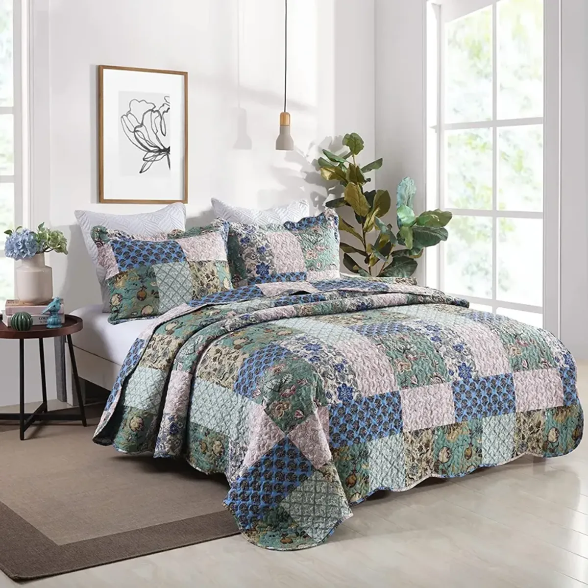 MarCielo 3 Piece Printed Quilt Bedspread Set Bedding Coverlet Set King Size B026