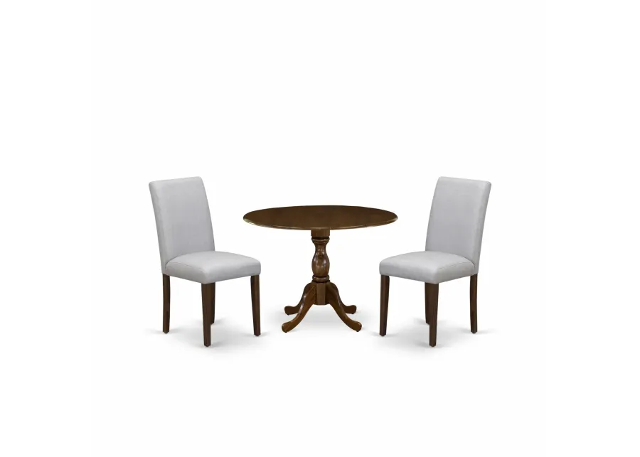 East West Furniture East West Furniture DMAB3-AWA-05 3 Piece Kitchen Table Set Includes 1 Drop Leaves Wood Table and 2 Grey Linen Fabric Parson Dining Room Chairs with High Back - Acacia Walnut Finish