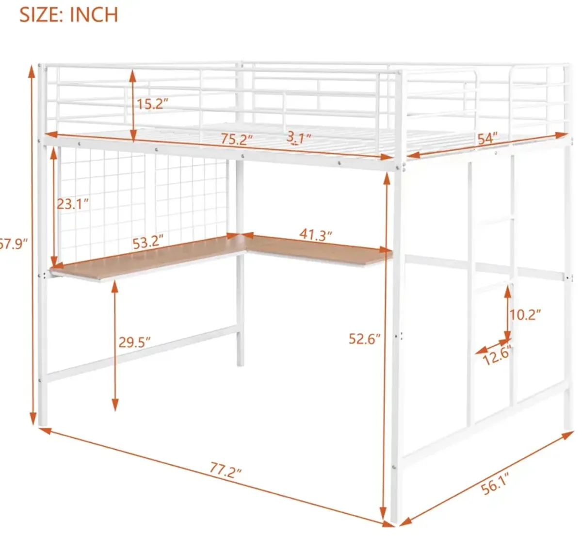 Full Metal Loft Bed With Desk And Metal Grid