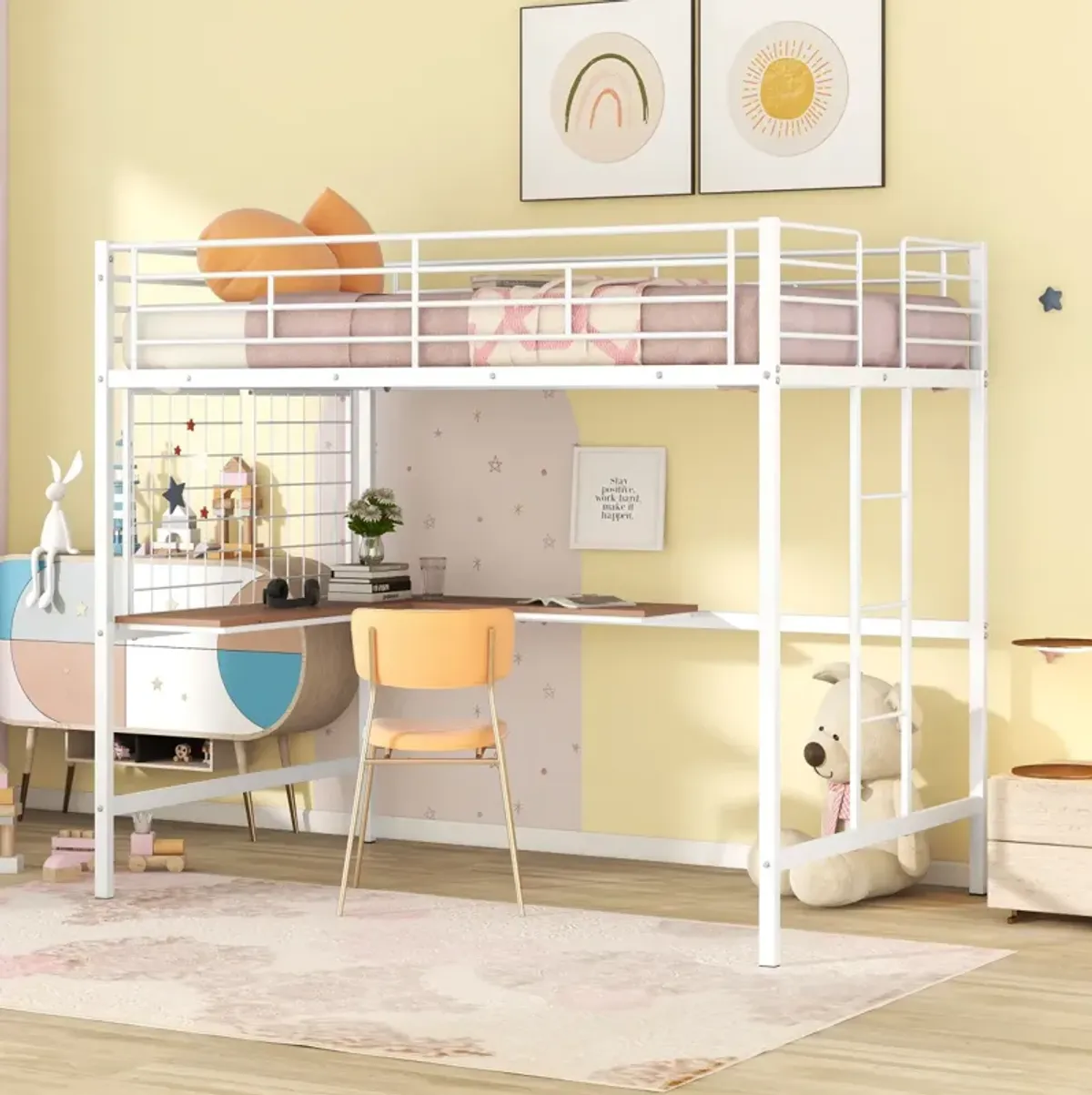 Full Metal Loft Bed With Desk And Metal Grid