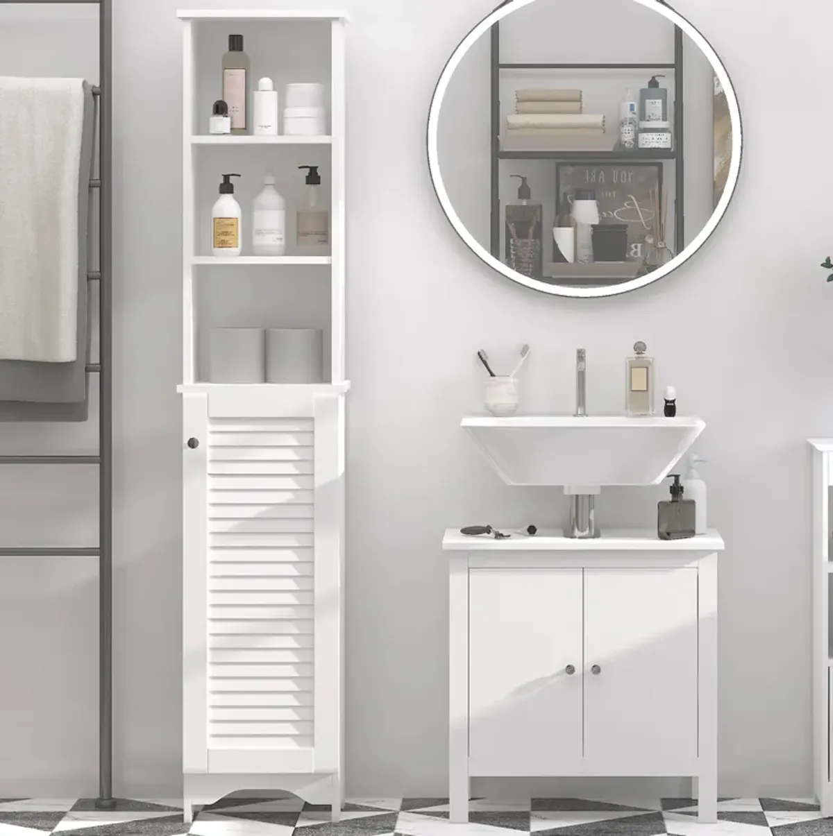 Wooden Collection Tall Bathroom Linen Tower with Adjustable Shelving & Cupboard