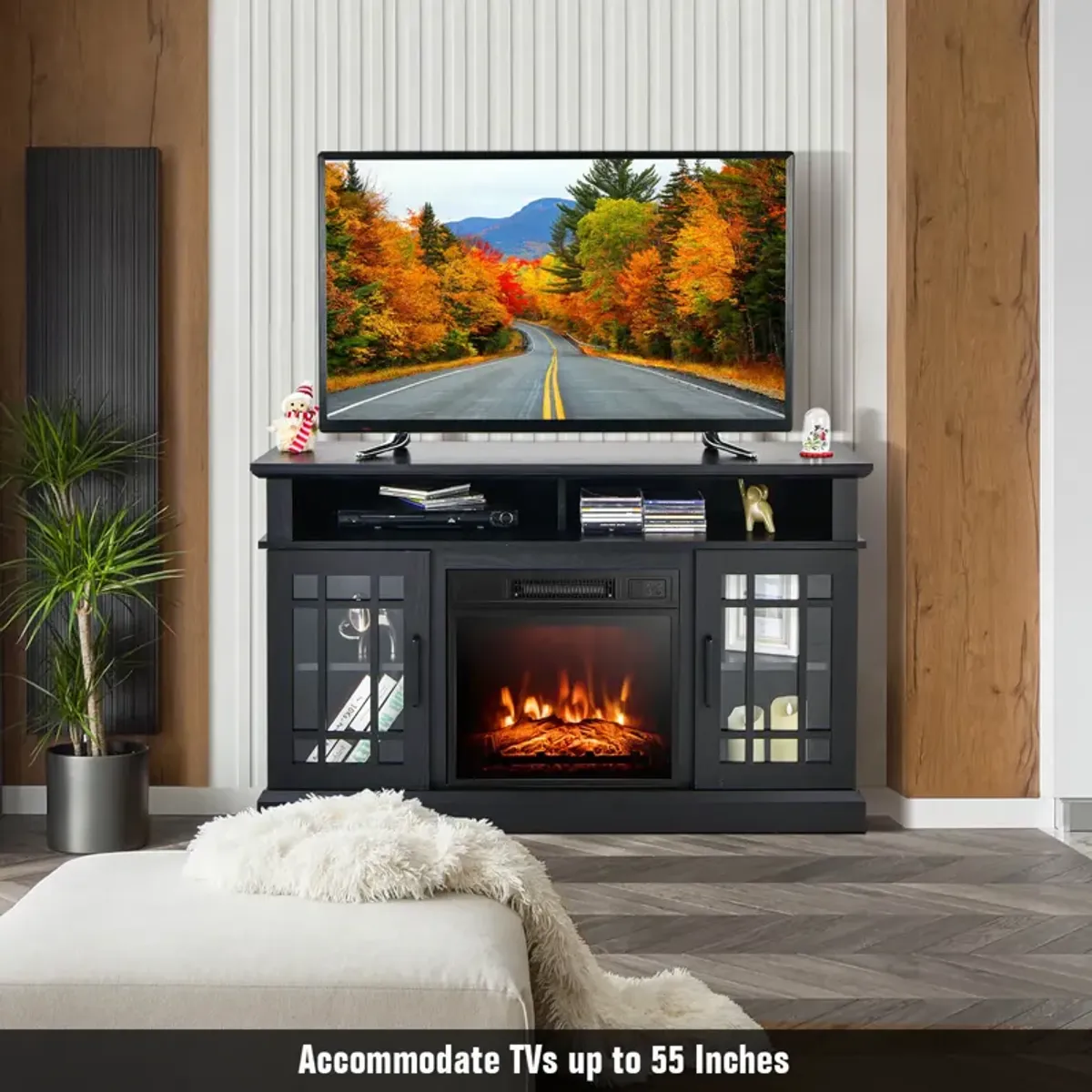 48 Inch Electric Fireplace TV Stand with Cabinets for TVs Up to 55 Inch-Natural